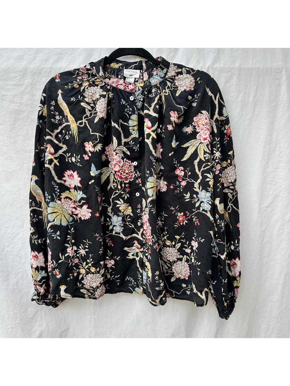 GP and J Baker x H&M Black Floral Button-Up Blouse with Bird Print Size 12